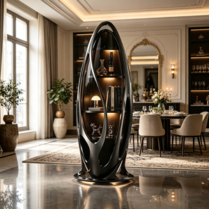 Oval Glossy <b>Black</b> Fiberglass Wine <b>Cabinet</b> Tempered Glass Door Built-in Led Shelves for Luxury Home Dining Room This This Wine - Product Image 1