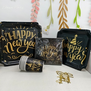DAMAI Happy New Year Party Supplies Black Square Plate with Golden Happy New Year <b>Disposable</b> <b>Tableware</b> Set Paper Cups Napkins - Product Image 1