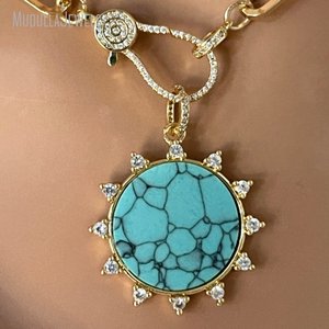 Collana NM50714 con Catena a Graffetta Placcata Oro, Pendente in Howlite Turchese, Zirconi Cubici Micro Pavé, Chiusura a Moschettone, Gioielli da Donna - Product Image 6