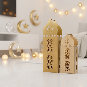 Faroles de Metal Dorado con Forma de Mezquita Marroquí, con Recortes Intrincados, Hechos a Mano, Decoración para el Hogar para el Ramadán - Product Image 1