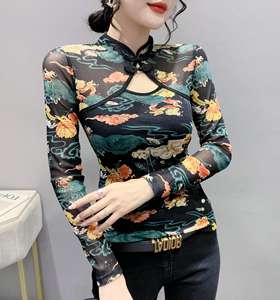 Otoño nuevo digno <span class=keywords><strong>de</strong></span> diseño estilo étnico Stand Collar placa pequeña <span class=keywords><strong>boca</strong></span> Sexy malla camisa <span class=keywords><strong>de</strong></span> manga larga mujeres - Product Image 4