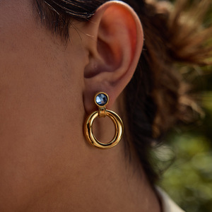 Drop <b>Earrings</b> Gold Tone Circular <b>Blue</b> Zircon Stone Geometric Design <b>Studs</b> - Product Image 4