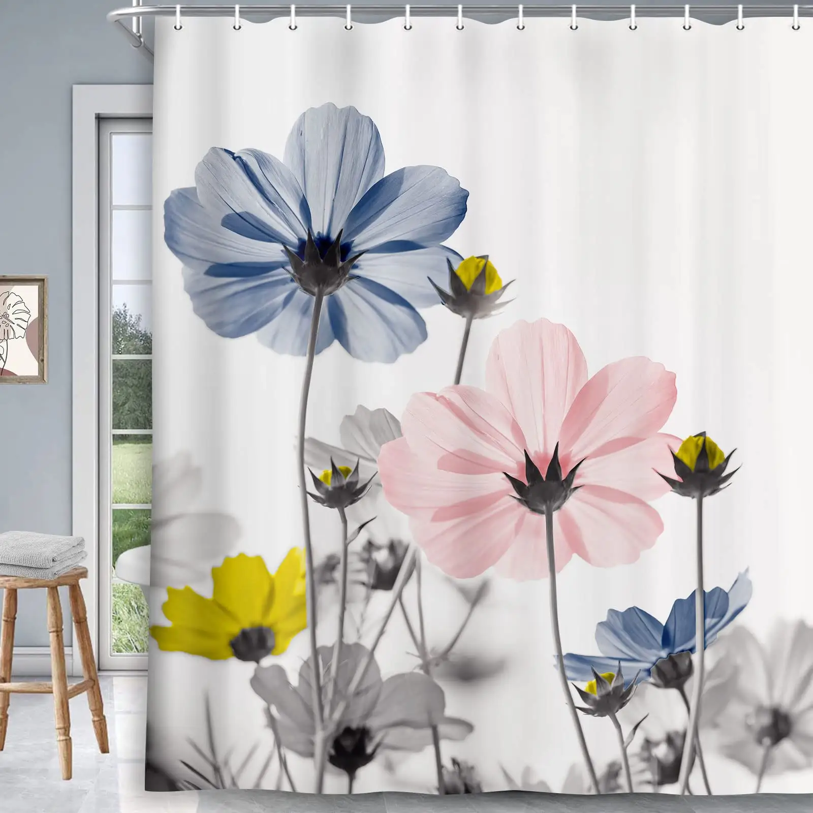 Benzersiz çiçek Teal ve gri papatya çiçek zarif Wildflower tasarım çiftlik duş perdeleri kanca seti ile