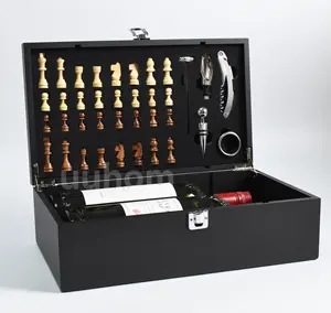チェス付き7ピースデラックスワインボトルオープナーキット、記念日のクリスマスウェディングギフト用の木製ボックス、ワインオープナーセット