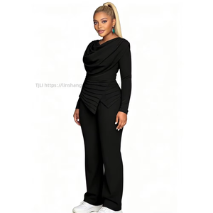 Women's <b>Flare</b>-Collar Straight-Leg Pants With Long Sleeves, Asymmetrical Solid-Color Jumpsuit Fashion - Product Image 5