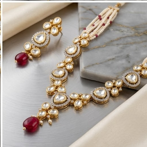 Elegant 925 Silver <b>Ruby</b> Pearl <b>Necklace</b> Set Designer Bridal Jewelry Traditional Earrings for Women Collection - Product Image 4