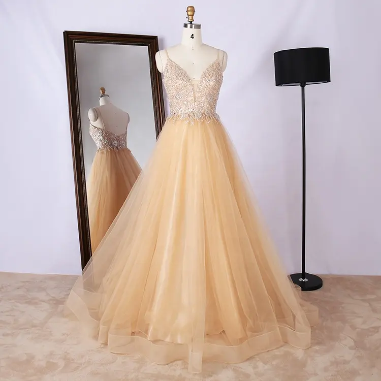 champagne Wholesale tulle v neck spaghetti strap beaded party dresses women luxurious long evening dresses for prom