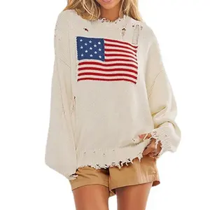 สต็อกธงอเมริกันเสื้อแขนยาวเสื้อสวมหัวเสื้อถัก Unisex ขนาดบวกถักเสื้อกันหนาวผู้หญิง Jacquard ด้านบน