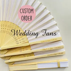 Abanicos de mano de regalo de recuerdo de fiesta de boda baratos, abanico de mano de papel plegable con logotipo personalizado promocional