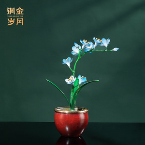 Adorno artístico de orquídeas de cobre, maceta redonda roja, decoración de sala de estar Feng Shui, artesanía de cobre de estilo chino, pieza única - Product Image 4