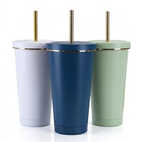 Gourde isotherme à double paroi 500 ml 750 ml avec paille métallique réutilisable, élégant gobelet en acier inoxydable, tasse portable et fine, logo personnalisé