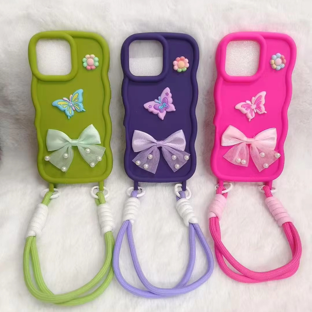 BAILI Factory Hot-selling Beautiful Colorful Wavy Edge Bow Pearl butterfly Flower Wristband Lanyard Mobile Phone case for Iphone