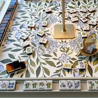 Tapis de table de mahjong américain de luxe personnalisé avec motif de fleurs bleues et de feuilles vertes - Tapis imperméable antidérapant et insonorisant