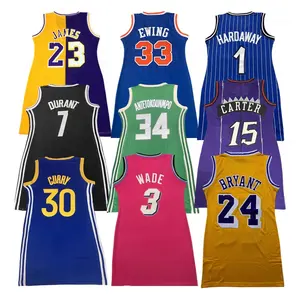 In Stock Factory Price Mesh James 23 Durant 7 Curry 30 Wade 3 Stitched Pink Green Blue Sexy Women Long Basketball Dress Jerseys