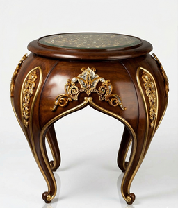 Mesa Taburete Redonda de Madera Hecha a Mano de Lujo, Mueble de Madera Maciza con Detalles en Oro Antiguo para Sala de Estar - Product Image 3