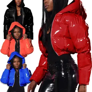 Drop Shipping 2022 Female Winter Down Coat PU Leather Quilted Parkas Mid-long Puffer Bomber Cropped Bubble Coats Warm Out Wear