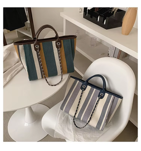 Nouveau Sac Seau en Toile Rayé Style Coréen 2026 Grande Capacité avec Chaîne, Deux Bretelles et Fermeture Éclair pour l'École et les Femmes - Product Image 5