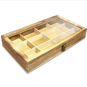 Boîte de rangement en bois à 12 compartiments, organisateur de bijoux en bois naturel avec couvercle en verre pour bracelets, figurines, emballages de boîtes mystères - Product Image 1