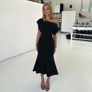 Vestido Midi con Panel de Encaje Fuera del Hombro, Cintura Natural Ajustada y Elegante Dobladillo de Sirena, Impresión Digital Sólida, Transpirable y Lavable - Product Image 1