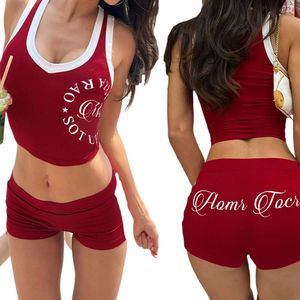 Casual Letter Print Sporty Women's Off-Shoulder Racerback Tank <b>Top</b> + Bow Low Rise Shorts Knitted Jogger Activewear 2-Piece Set - Product Image 1