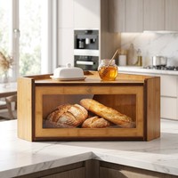 Boîte à pain en bambou à angle droit avec grande fenêtre transparente, bicolore, gain de place, organisateur de comptoir de cuisine