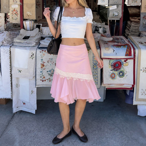 French Luxury Lace <b>Patchwork</b> Mini <b>Skirt</b> High Waist Asymmetrical Ruffle Hem Pink Sweet <b>Skirt</b> Women - Product Image 1