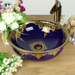Jingdezhen elegante nuovo Design porcellana sanitari bagno ceramica arte lavabo blu scuro e oro <span class=keywords><strong>piccolo</strong></span> lavabo a mano - Product Image 4
