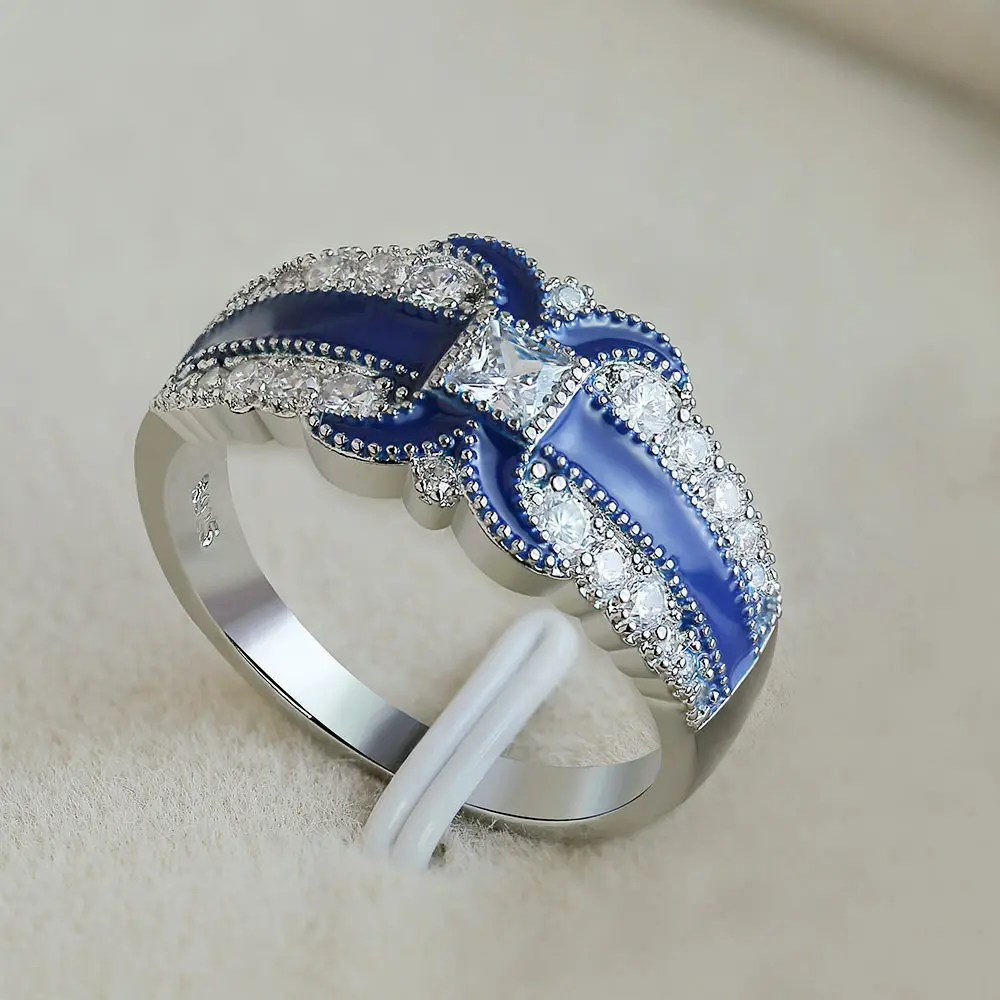 Huitan Royal Blue X Vorm Eternity Anillos Trendy Zirkoon Ringen Groothandel Koorts Lady Meisjes Zilveren Vintage Mode Ringen Vrouwen