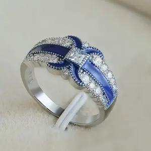 Huitan 로얄 블루 X 모양 영원 Anillos 트렌디 지르콘 반지 도매 발열 레이디 여자 실버 빈티지 패션 반지 여성