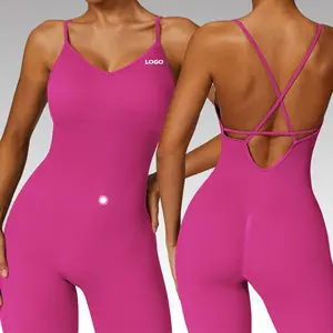 Wholesale Women Double Shoulder Belt Backless Romper 1 Piece Fitness Wear Yoga Female Jumpsuits