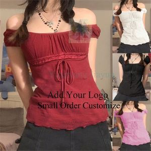 Lace-Up Lace Patchwork Top Short Sleeve Summer Casual Cute Clothes Vintage Tank Tops <strong>Coquette</strong> T-Shirt Women Tees - Product Image 2