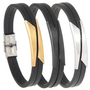 Fashion Stainless Steel PU Wristband Men Double Leather Rope <b>Bracelet</b> Gold Plated Hand Jewelry - Product Image 2