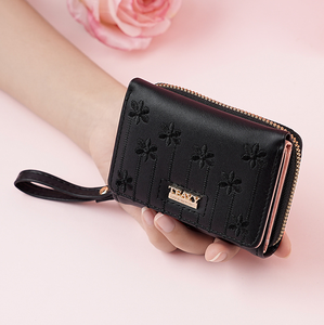 2026 Women's Waterproof PU Leather Short <b>Wallet</b> Snap Closure Zipper Floral Embroidery Fashion <b>Card</b> Organizer Polyester - Product Image 3