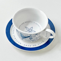 Tasse à café et soucoupe en céramique bleue et blanche 300 ml, ensemble de tasses à thé peintes à la main avec motifs floraux pour la maison, le café et le restaurant