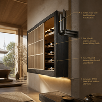Meuble de rangement mural intégré sur mesure pour salle à manger avec casier à vin, tiroirs et étagères