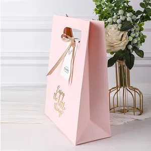 Индивидуальный Логотип, розовая Золотая фольга, спасибо, упаковочные бумажные пакеты, подарок для конфет, Свадебный бумажный подарочный пакет с ручками