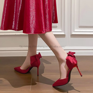 French Bow Hollow High <b>Heels</b> Satin Bridesmaid Red Design Main Wedding Bride Shoes - Product Image 3