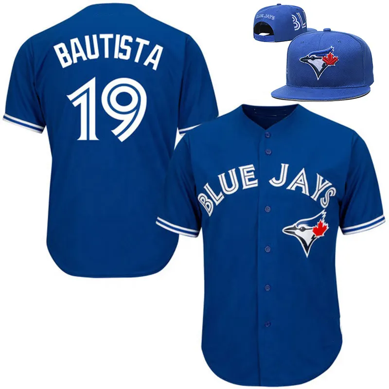Custom Polyester Baseball Jersey and fitted hat set blue Jay 19 Bautista Embroidery Logos Men Baseball Jerseys