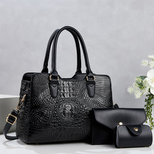 Three Piece Crocodile Pattern Bag Set Black Large Shoulder Crossbody <b>Handbag</b> Everyday Commuting Style - Product Image 1