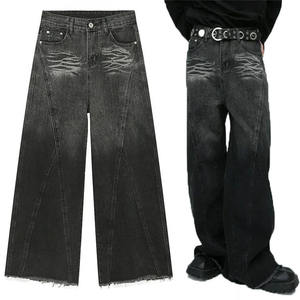 Jeans Negros Personalizados al por Mayor para Hombre, Estilo Urbano Hip Hop, con Dobladillo sin Rematar, Holgados, Lavado a la Piedra, Corte Recto, Jeans Personalizados para Hombre - Product Image 1