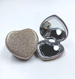 Espejo de maquillaje de bolsillo compacto de aumento 1X en forma de corazón de viaje de mano Blingbling de lujo para mujer