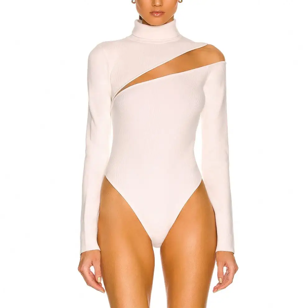Weißer Roll kragen pullover aus geschnittener Stricks toff mit Netz besatz Body Suits Gestrickte Body suits Damen Bodysuit