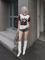 T-shirt vintage à imprimé groupe, manches raglan contrastantes rouge bordeaux, en coton, style rock, unisexe