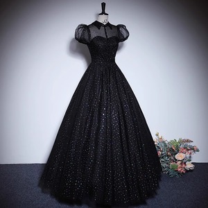 Black Evening Gown Empire Waist High Neck Ball Gown Polyester Formal Wear for Banquets and Events - Product Image 2