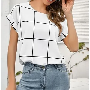 2021 Amazon Spring/Summer New Women's Plaid Print Short Sleeve Top T-shirt Blouse