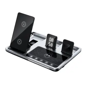 Cargador inalámbrico magnético 3 en 1 para iPhone, Airpods, soporte plegable para teléfono, cargadores inalámbricos de escritorio, reloj despertador Led