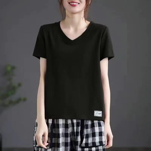 V Neck Short Sleeve T Shirt For Women Loose Fit Breathable Knitted Top Gray MMT Summer Style - Product Image 3