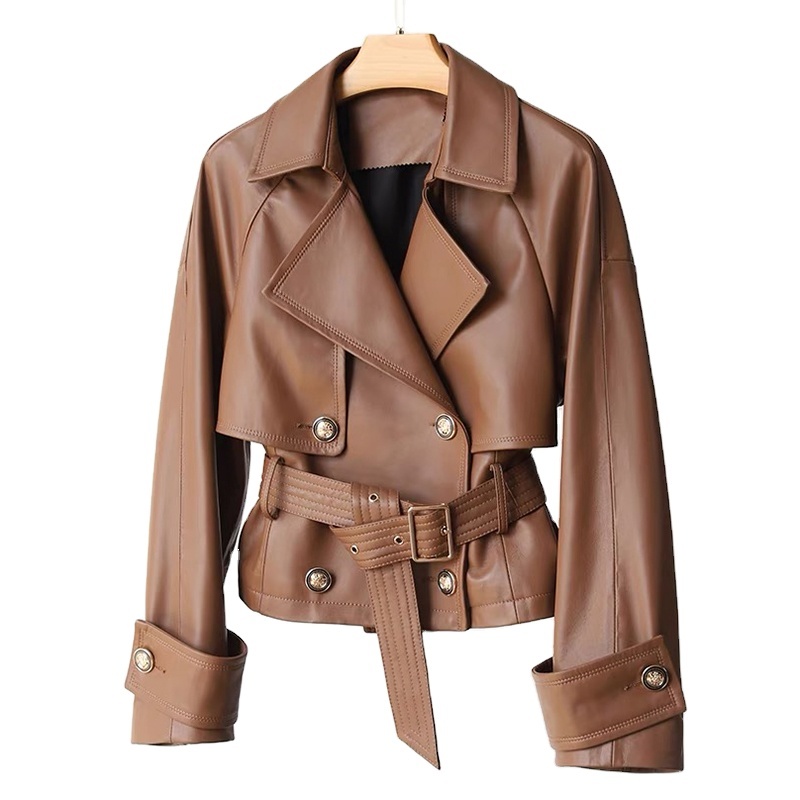 3171 Spring Fall Elegant Leather Jacket New Design Brown Double Breasted Luxury Ladies Leather Short Coat