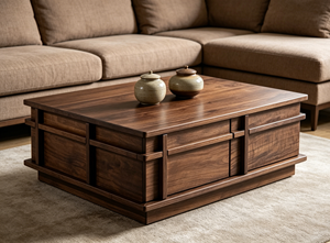 Modern Minimalist Square <b>Walnut</b> Coffee <b>Table</b> with Storage Drawers for Living Room - Product Image 1