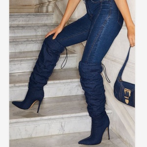 Botas Altas por Encima de la Rodilla para Mujer, Talla Grande 43, Botas Altas hasta el Muslo para Mujer, Botas de Tacón Alto de Tela Vaquera - Product Image 1